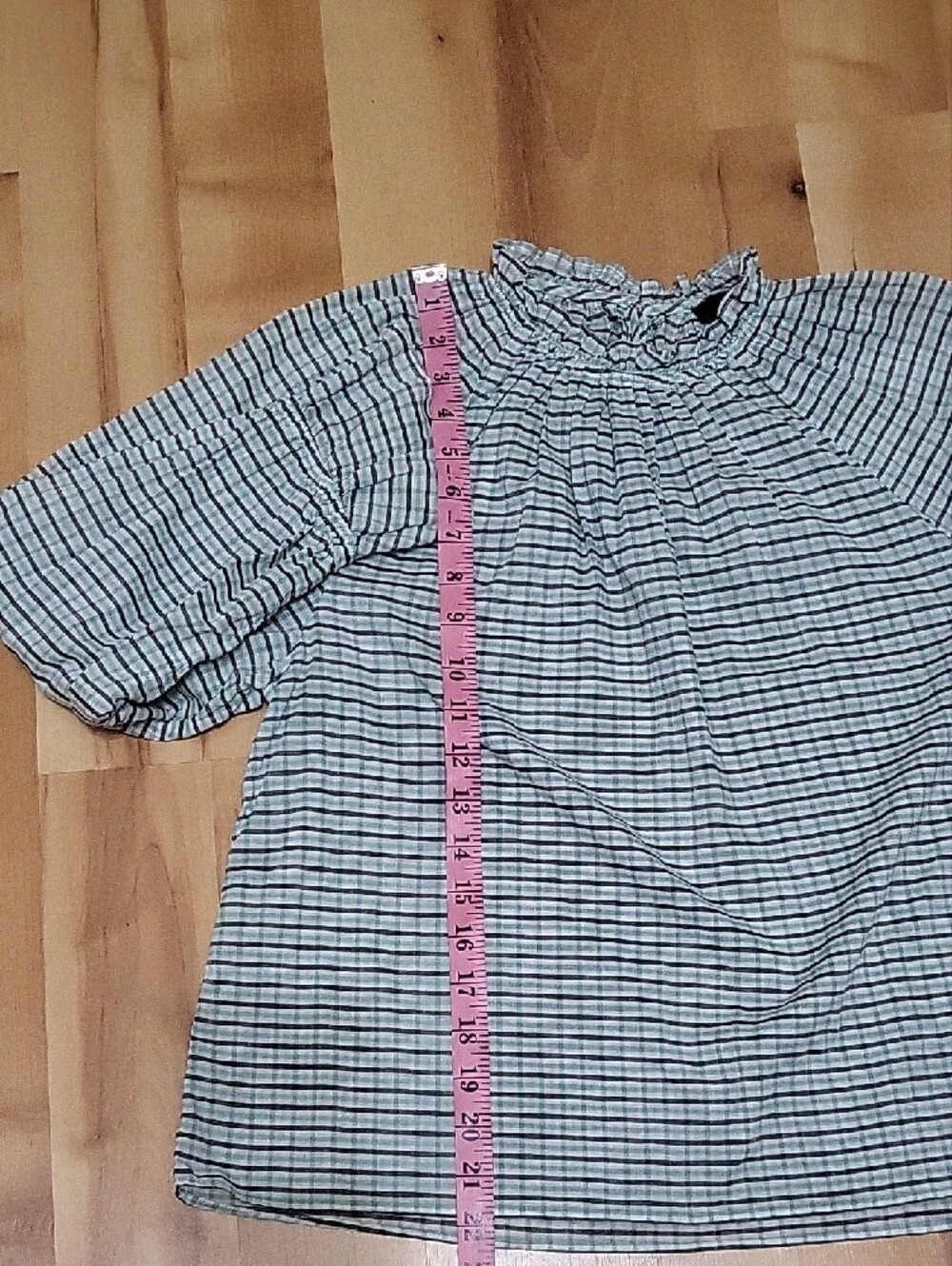 J.Crew Blue Plaid Smocked Neck Ruffle Blouse Size Small Cotton Long Sleeve Top - Picture 13 of 14